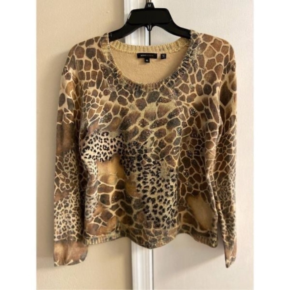 BCBGMaxAzria Tan animal printed crewneck sweater embellished Medium